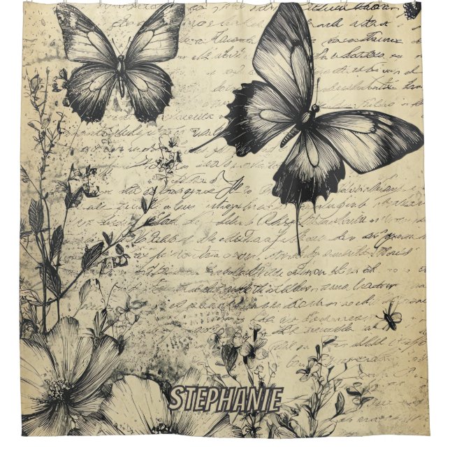 Rustikale Blume und Schmetterlinge - Altpapier (7) Duschvorhang (Vorderseite)