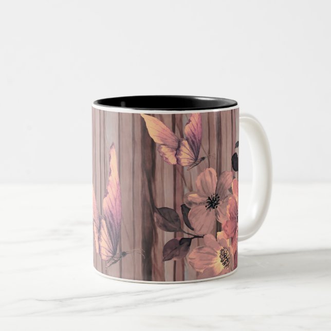 Rustikale Blume und Schmetterlinge Zweifarbige Tasse (VorderseiteRechts)