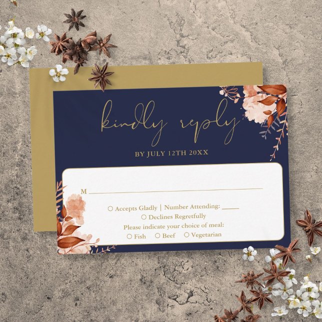 Rustikale Blumen Elegante Hochzeit von Navy Blue u RSVP Karte (Rustic Floral Elegant Navy Blue And Gold Wedding RSVP Card)