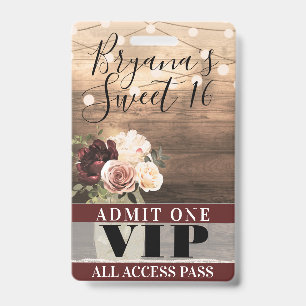 Rustikale Blumen & Lichterkette Sweet 16 VIP-Pass Ausweis