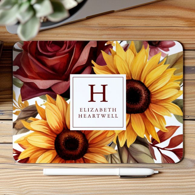 Rustikale Blumen-Sonnenblumen-Bordüre Monogramm Mousepad (Von Creator hochgeladen)
