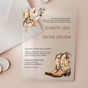 Rustikale Blumen Western Cowboy Stiefel Hochzeit Acryleinladungen