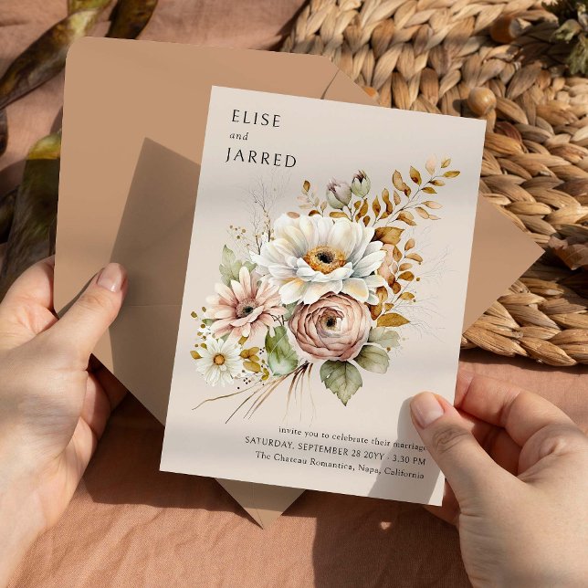 Rustikale Blumenbraun neutrale, einfache Elegant-H Einladung (Wedding Invitation from the Rustic Floral Brown Neutral Wedding Collection by Darling & May)