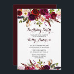 Rustikale Blumenburg Geburtstagsparty Einladung<br><div class="desc">Birthday Party Einladungs-Karte im Bohemischen Stil mit Aquarellbild der Bordeaux-,  Rot- und Rosa-Pfannkuchen und Rose mit Federakzent. Das ist perfekt für den Herbst | Herbst- und Winterveranstaltungen. Matching-Elemente sind ebenfalls verfügbar. Bitte klicken Sie auf den Button "Anpassen",  um Schriftart,  Größen und Farben zu ändern.</div>