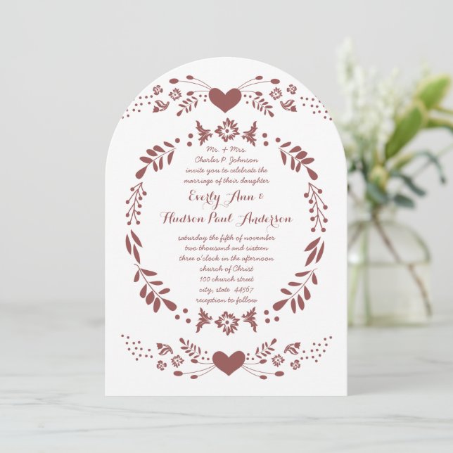 Rustikale Blumengarten Folk Art Marsala Hochzeit Einladung (Stehend Vorderseite)