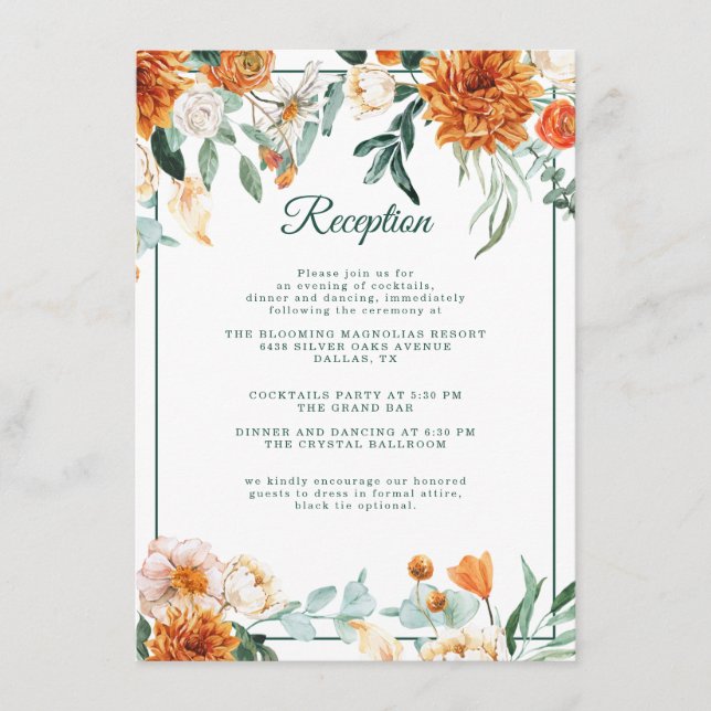 Rustikale Blumengebrannt Orange Hochzeit im Herbst Begleitkarte (Vorderseite)