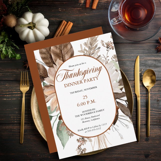 Rustikale, blumengeschmückte Erntedank Abendessen Einladung (Elegant Muted Rustic Floral Thanksgiving Dinner Party Invitation - Print | Digital Download)