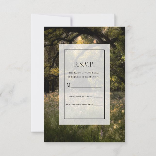Rustikale, blumengeschmückte Waldbaumhochzeit RSVP Einladung (Vorderseite)