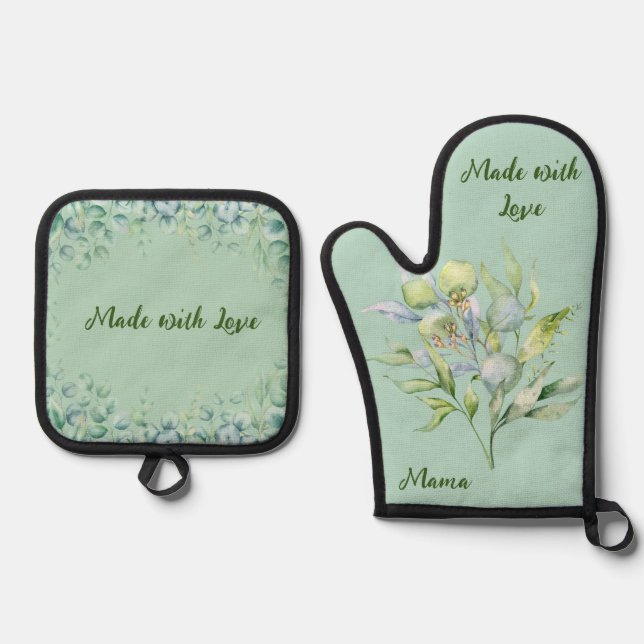 Rustikale Blumengrün aus Liebe Ofenhandschuh & Topflappen-Set (Vorderseite)