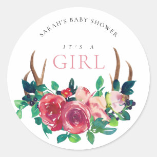 Rustikale Blumenhirschgeweih It's a Girl Baby Show Runder Aufkleber