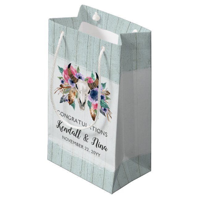 Rustikale Blumenkuh Skull Boho Wasserfarbenhochzei Kleine Geschenktüte (Vorderseite Schrägansicht)