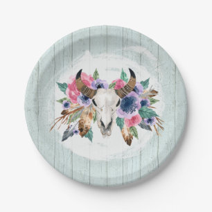 Rustikale Blumenkuh Skull Wassercolor Boho Hochzei Pappteller
