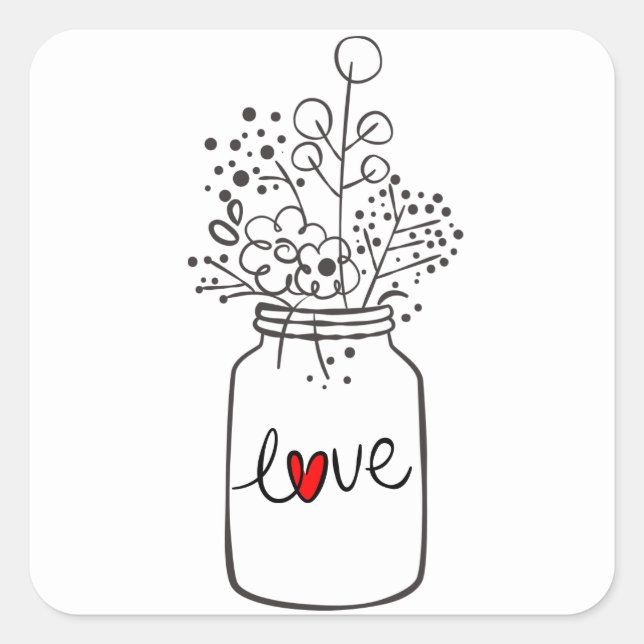 Rustikale Blumenmason Jar Blume Schwarz-weiße Hoch Quadratischer Aufkleber (Vorderseite)