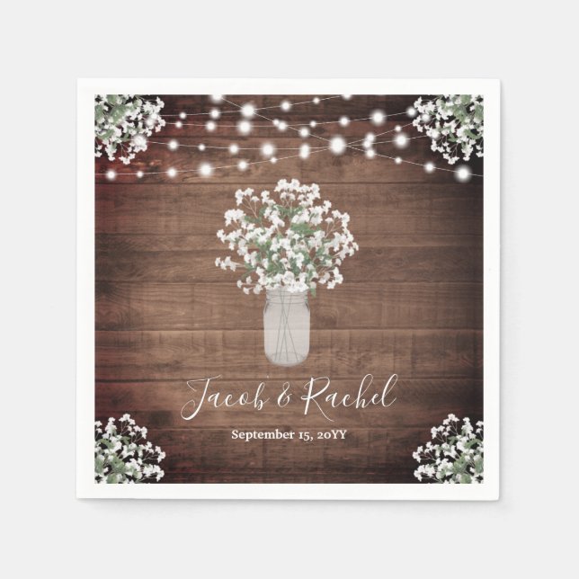 Rustikale Blumenmason Jar & String Lights Hochzeit Serviette (Vorderseite)