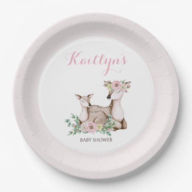 Rustikale Blumenmutter und Baby Deer Baby Dusche Pappteller (Vorderseite)