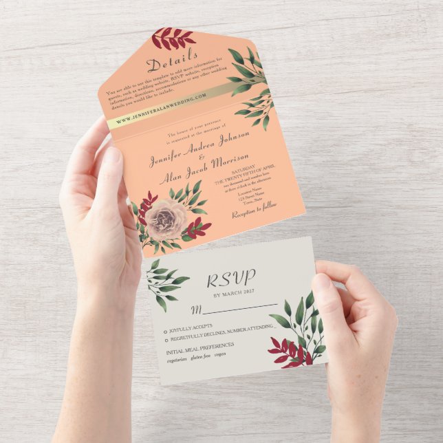 Rustikale Blumenpfirsich Fuzz Wedding All In One Einladung (Abreißen)
