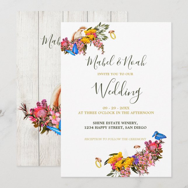 Rustikale Blumenprotea Cockatoo Nachhaltige Hochze Einladung (Vorne/Hinten)