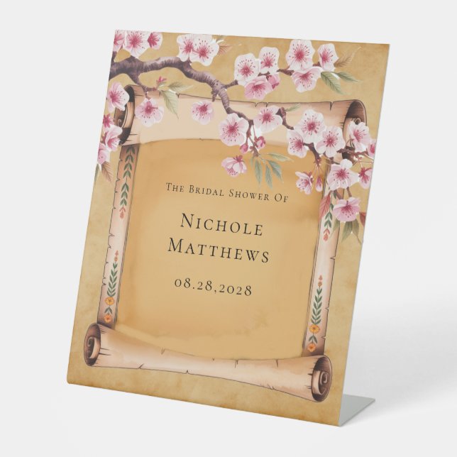 Rustikale Blumenrolle Kirschblossom Brautparty Sockelschild (Vorderseite)