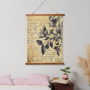 Rustikale Blumenskizze mit Kalligrafie - Alter (1) Wandteppich Mit Holzrahmen