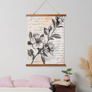 Rustikale Blumenskizze mit Kalligrafie - Alter (2) Wandteppich Mit Holzrahmen
