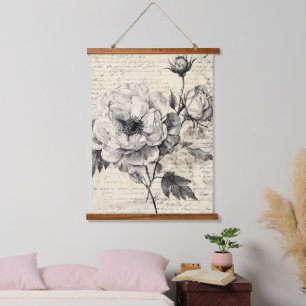 Rustikale Blumenskizze mit Kalligrafie - Alter (7) Wandteppich Mit Holzrahmen