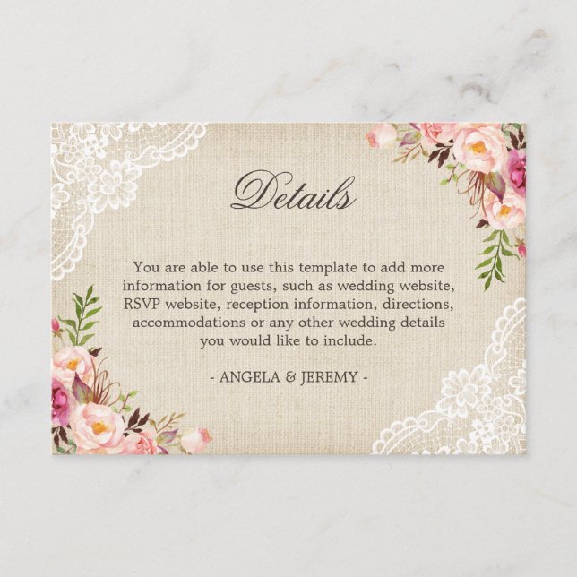 Rustikale Blumenstrauß Burlap Hochzeitdetails Begleitkarte (Vorderseite)