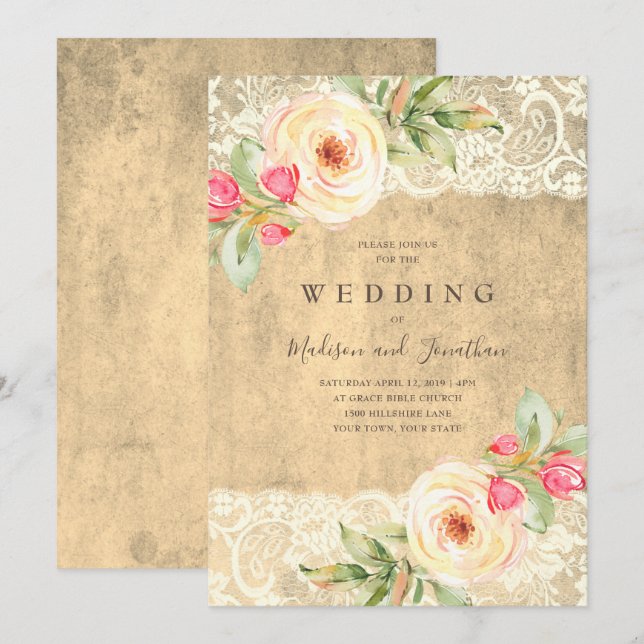 Rustikale Blumenzitze Vintage Hochzeit Einladung (Vorne/Hinten)