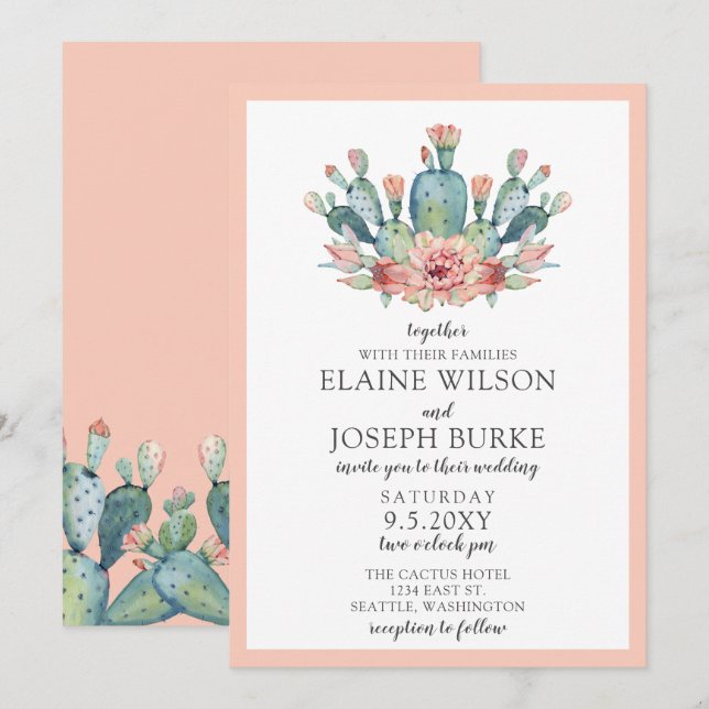 Rustikale Blush Cacti Botanische Naturwüste Hochze Einladung (Vorne/Hinten)