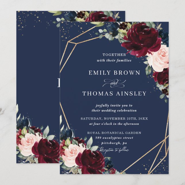 Rustikale Blush Navy Blumengrün Hochzeit Einladung (Vorne/Hinten)