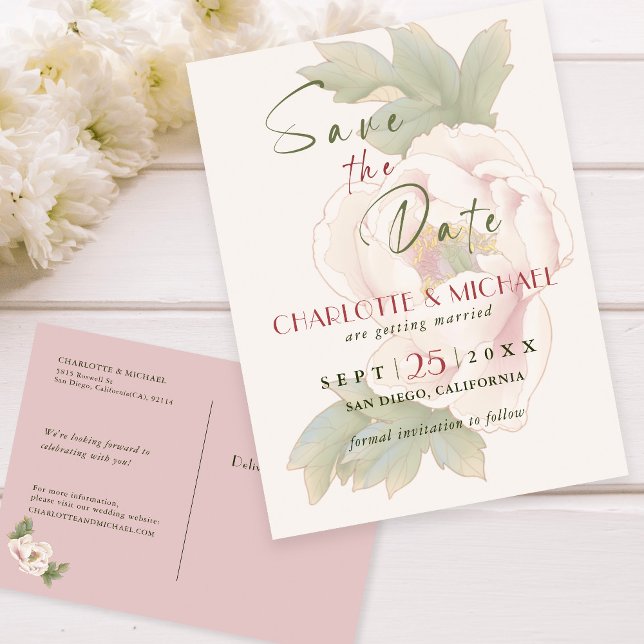 Rustikale Blush Pink Peony Wedding Save the Date Ankündigungspostkarte (Von Creator hochgeladen)