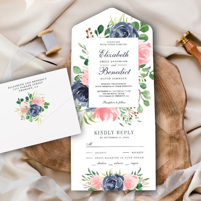 Rustikale Blush Pink- und Navy Blue Floral Wedding All In One Einladung (Von Creator hochgeladen)