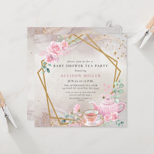 Rustikale Blush Rose Gold Tee Party Babydusche Einladung (Vorderseite/Rückseite Beispiel)
