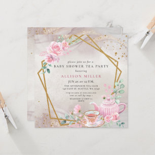 Rustikale Blush Rose Gold Tee Party Babydusche Einladung