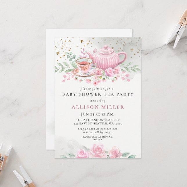 Rustikale Blush Rose Gold Tee Party Babydusche Einladung (Vorderseite/Rückseite Beispiel)