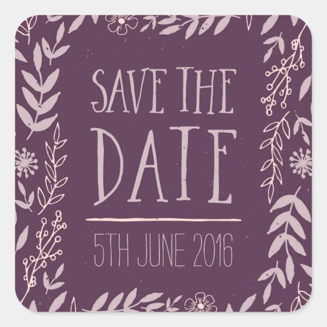Rustikale Blüte Save the Date Lila Quadratischer Aufkleber (Vorderseite)