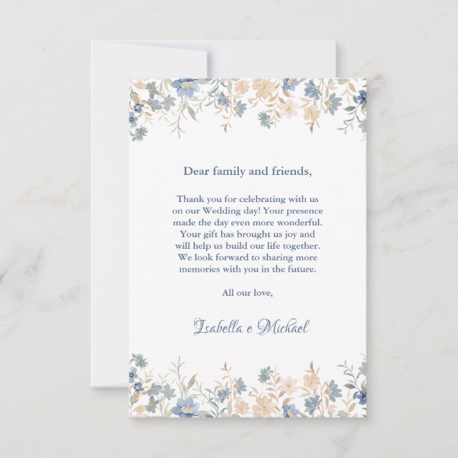 Rustikale Blütenhochzeit Boho Blue und Beige Dankeskarte (Vorderseite)