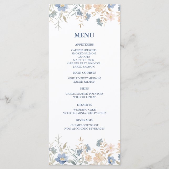 Rustikale Blütenhochzeit Boho Blue und Beige Menükarte (Vorderseite)