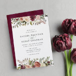 Rustikale Blütenhochzeit Einladung<br><div class="desc">Elegante blumengeschmückte Hochzeitsfeiern oder Herbst- oder Winterhochzeiten zeigen Ihre Details, die durch die obersten und unteren Ränder von Aquarellfarben, Mummen und Grün in rustikalen Herbstfarben wie Pfirsich, Elfenbein, Rose, Bordeaux und Grün hervorgehoben werden. Die Karten werden in ein subtil gemotztes, tiefes Cabernet umgeschaltet.</div>