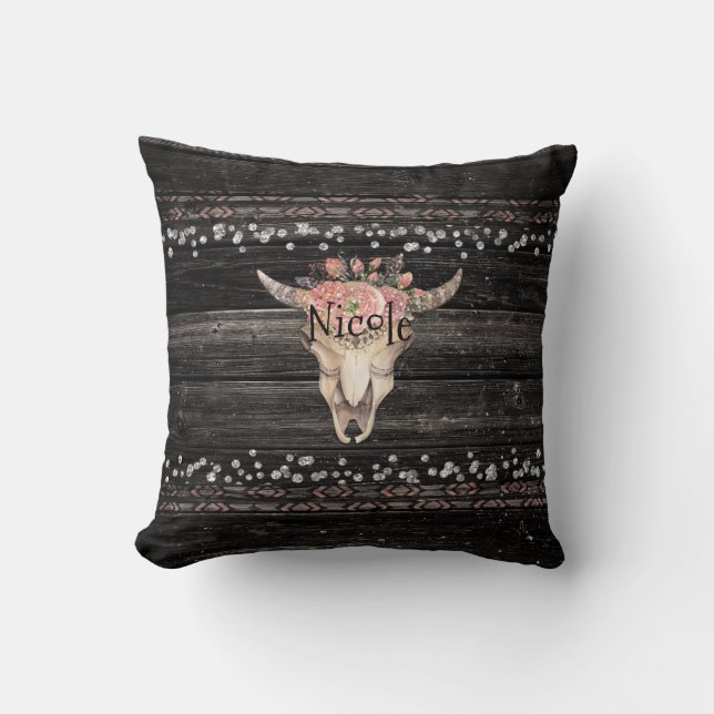 Rustikale Blütenkuh Skull Boho Chic Country Glam Kissen (Vorderseite)