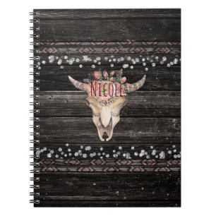 Rustikale Blütenkuh Skull Boho Chic Country Glam Notizblock