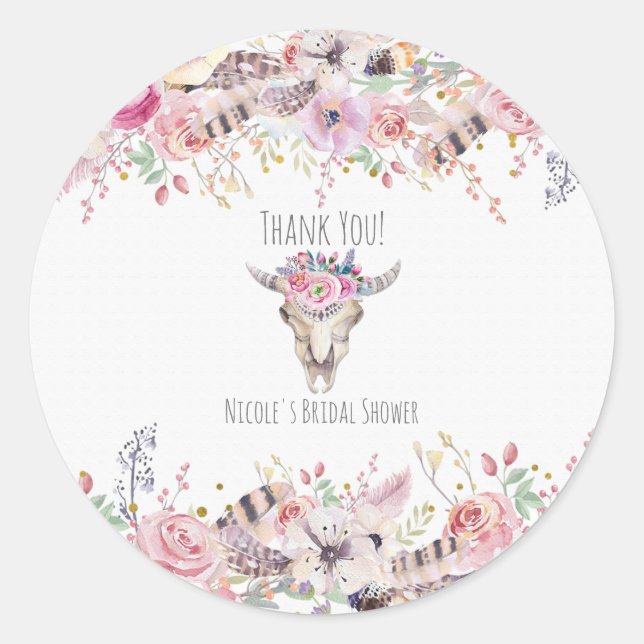 Rustikale Blütenkuh Skull Boho Chic Country Glam Runder Aufkleber (Vorderseite)