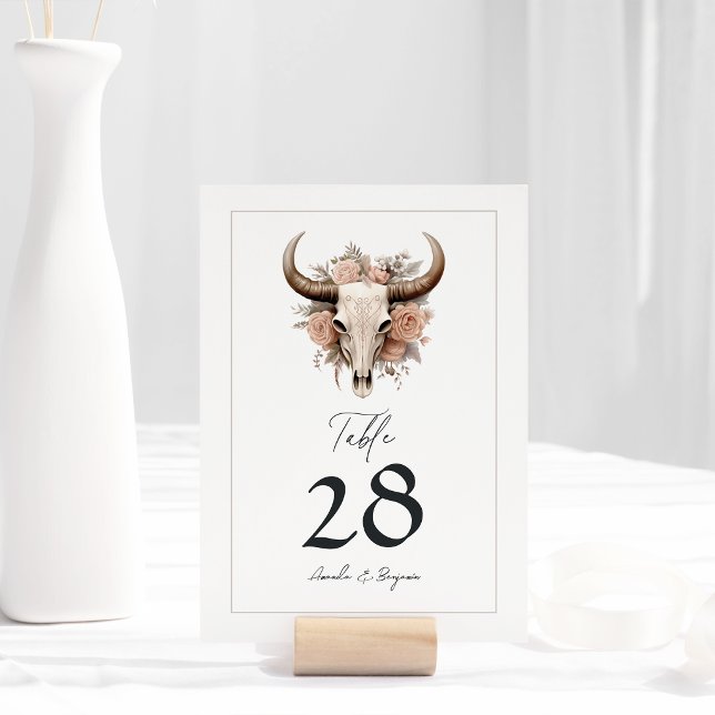 Rustikale Blütenkuh Tischnummer (Rustic Floral Cow Skull Wedding Table Number)