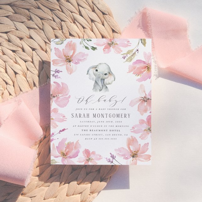 Rustikale Blütenlephant Blush Pink Baby Girl Dusch Einladungspostkarte (Von Creator hochgeladen)