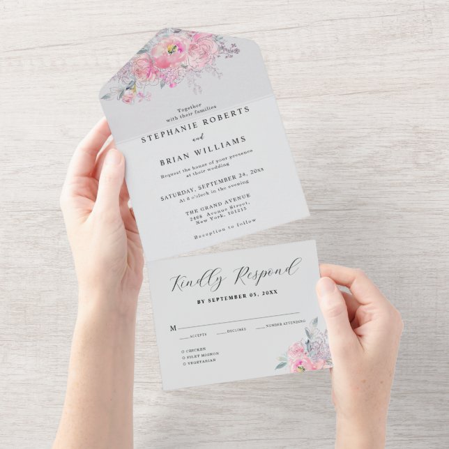 Rustikale Blütenpink-Wasserfarben-Hochzeit All In One Einladung (Abreißen)