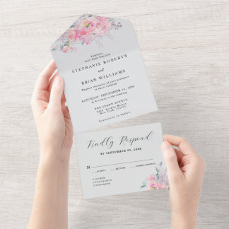 Rustikale Blütenpink-Wasserfarben-Hochzeit All In One Einladung
