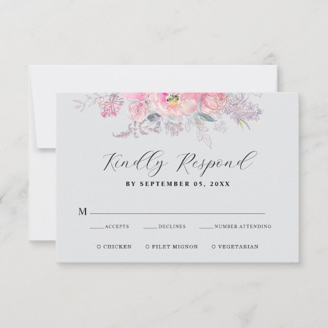 Rustikale Blütenpink-Wasserfarben-Hochzeit RSVP Karte (Vorderseite)