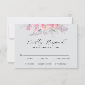 Rustikale Blütenpink-Wasserfarben-Hochzeit RSVP Karte