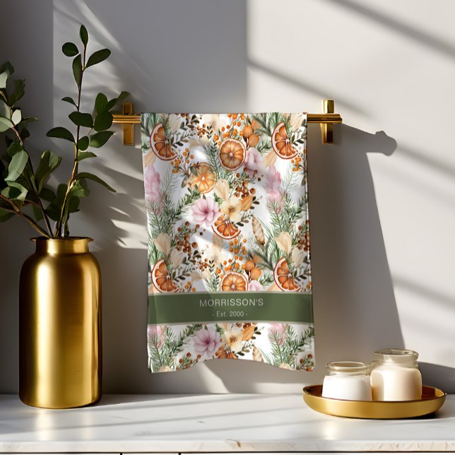 Rustikale bohemianische Weihnachtszeit Geschirrtuch (Rustic bohemian botanical winter citrus practical Christmas gifts personalized Kitchen Towel)