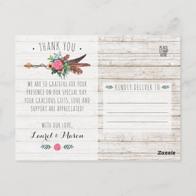 Rustikale Bohemische Arrow-Hochzeit Vielen Dank Fo Postkarte (Rückseite)