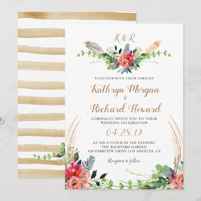Rustikale Bohemische Floral-Aquarell-Monogramm-Hoc Einladung (Vorne/Hinten)